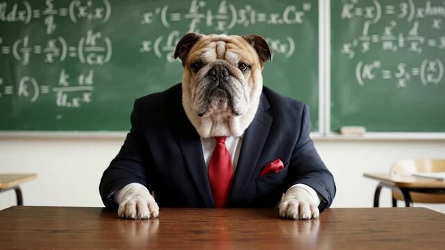 Bulldog in business suit sitting at desk in classroom with math equations on chalkboard