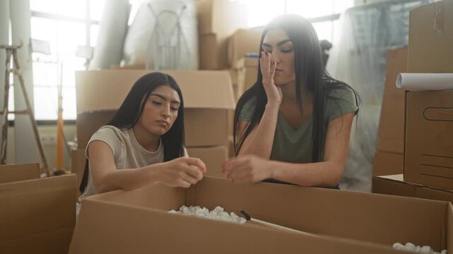 Woman packing cardboard box with hand to face and leaning over packing peanuts in studio; sisterhood fatigue.