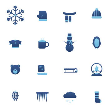Winter icon set - 16 blue and ice duotone vector icons. Snowflake, mitten, scarf, beanie, sweater, penguin, polar bear, hot cocoa and more flat cozy winter symbols with gradient, isolated.