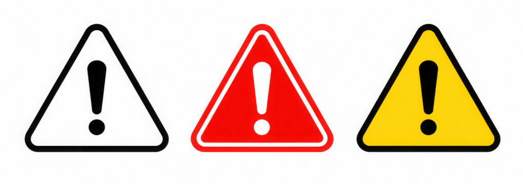 Warning triangle icon set illustration, red yellow and black exclamation caution signs for hazard alert, safety notice, risk prevention, emergency symbol. Warning and alert icon collection.