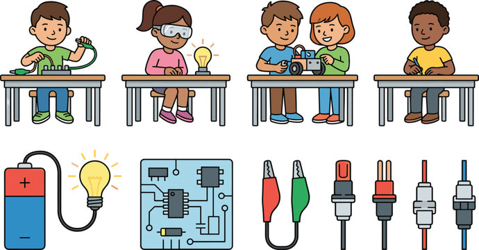 STEM Education Classroom Workshop and Basic Electrical Engineering Vector Icon Set with Diverse Children Building Circuits Learning Robotics Tools Batteries and Microchips