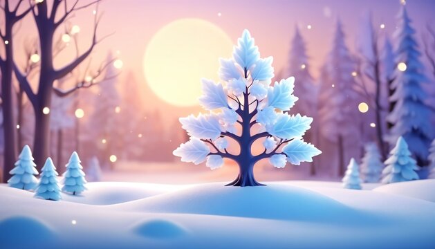 Frosted blue tree beneath glowing winter sun