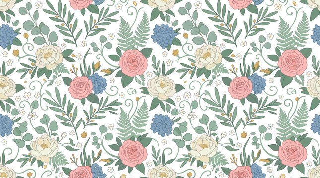 Beautiful seamless floral pattern with pink roses, blue hydrangea flowers, and green leaves vector illustration background for textile.