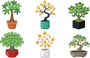 Chinese money tree collection with gold coins cash banknotes and jade plants vector illustration isolated set. © MstHura