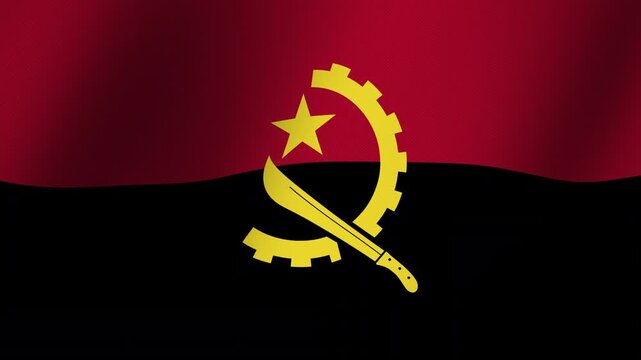 Angola Flag Waving: A national flag of Angola, rendered in vibrant red and black, with a yellow star, cogwheel, and machete emblem, fluttering proudly in the breeze.