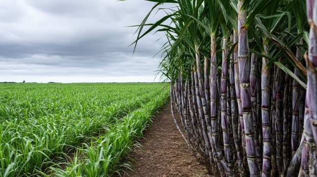 Rows of tall, purple sugarcane stalks border a lush, green field under a cloudy sky