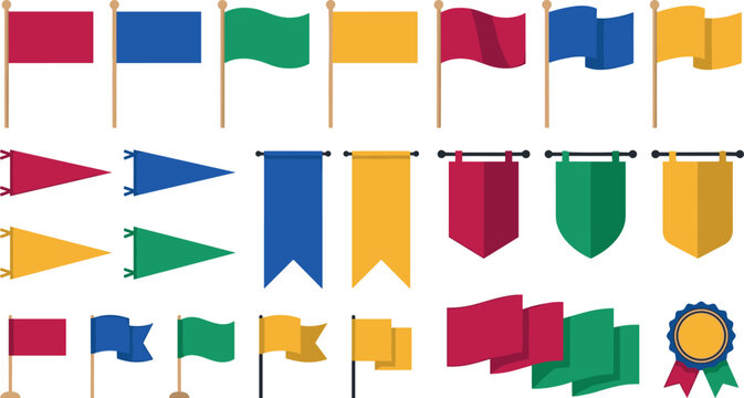Colorful flag and pennant banner vector element collection featuring blank shapes for celebration and sports decoration.