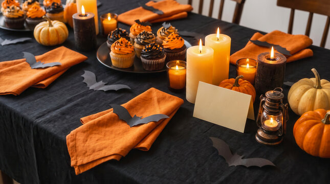 Festive Halloween table setting with pumpkins candles and cupcakes on a black tablecloth.