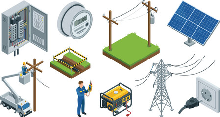 Isometric Electrical Power Grid Utility Maintenance and Renewable Energy Icon Set with Electricians Working Solar Panel Generator Circuit Breaker Box Smart Meter Transmission Tower © Mostrenu