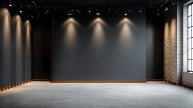 An empty modern interview studio features charcoal black walls with geometric acoustic panels, a polished concrete floor, and a clean professional setting for filmed conversations.