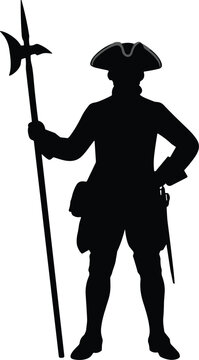 Silhouette of colonial-era soldier with tricorn hat and halberd symbolizing historical military attire and confident stance