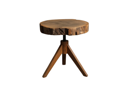 Rustic round wood stool with three angled legs isolated on transparent background