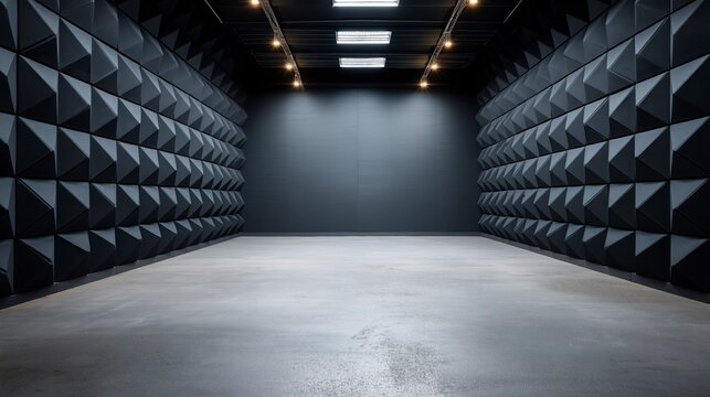 An empty modern interview studio features charcoal black walls with geometric acoustic panels, a polished concrete floor, and a clean professional setting for filmed conversations.