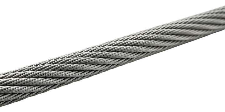 A close-up view of a thick, braided steel wire rope cable showing the twisted metal strands and industrial texture against a plain dark background isolated on a transparent background