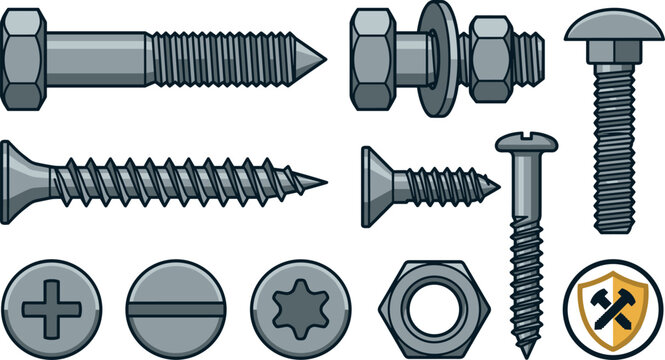 Vector illustration set of metallic screws, bolts, nuts, washers, and fastener heads with different drive types isolated on white background.