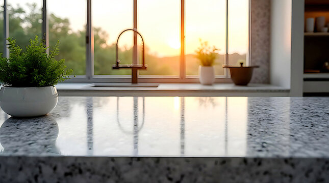 modern kitchen sink near window with granite countertop in sun rays