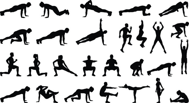 Bodyweight Fitness and Calisthenics Exercise Silhouettes Set for Gym Workout and Sports Design