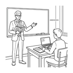 Teacher standing at whiteboard talking to student at desk in classroom setting