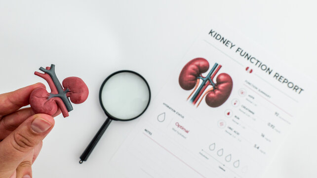 Examining a kidney model and report with a magnifying glass for health check