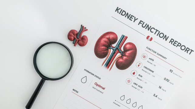 Kidney function report with anatomical model and magnifying glass on white background