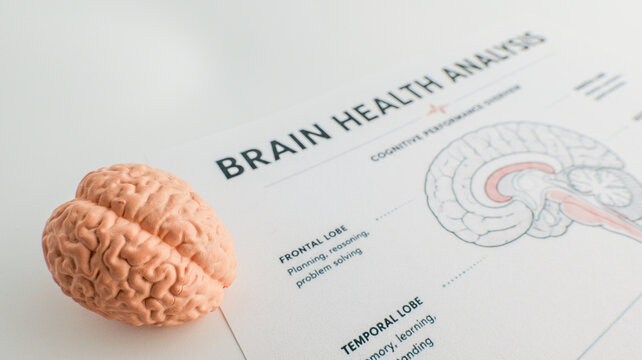 Brain health analysis document with anatomical model on white background