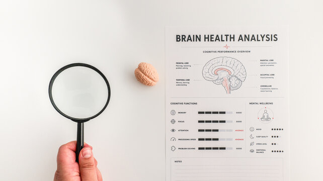Examining brain health analysis report with magnifying glass and brain model