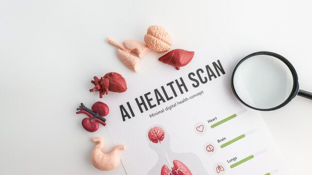 AI health scan concept with anatomical models and magnifying glass