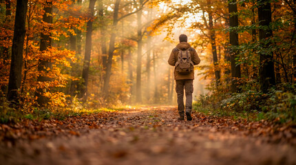 Fototapeta premium A man with a backpack walking along a forest path during a beautiful autumn day.