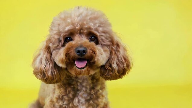 High resolution 4K studio shot of a charming brown poodle posed elegantly against a vibrant canary yellow backdrop delivering immense playful energy rich color contrast and joyful expressions