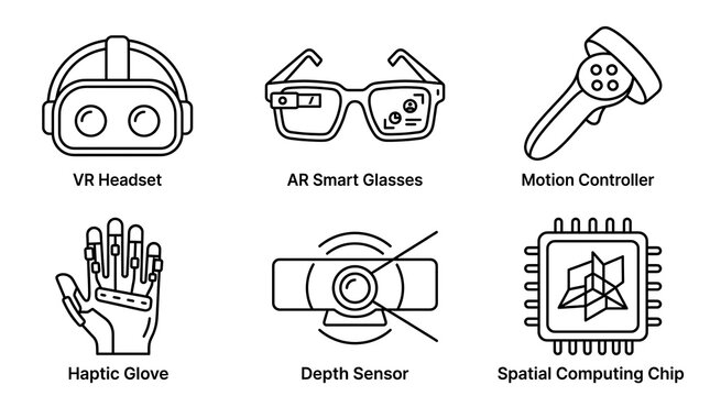 Virtual Reality and AR Spatial Computing Hardware Line Icons Set
