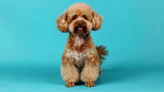 Studio style 4K video featuring a cute brown poodle sitting calmly and looking alert against a solid bright blue studio background creating a clean high contrast animal layout