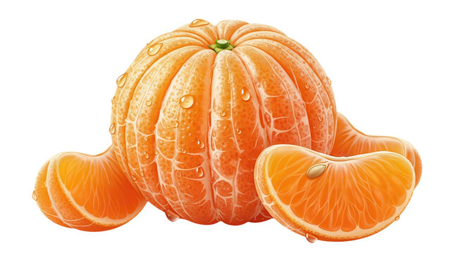 Peeled mandarin orange with segments isolated on transparent background