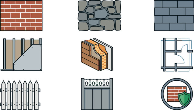 Wall construction and masonry materials icon set featuring brickwork stone wall concrete block drywall framing house insulation floor blueprint blueprint fence and security barrier vector