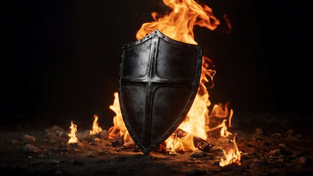 Burning shield symbol representing cybersecurity protection defense resilience and digital security concept