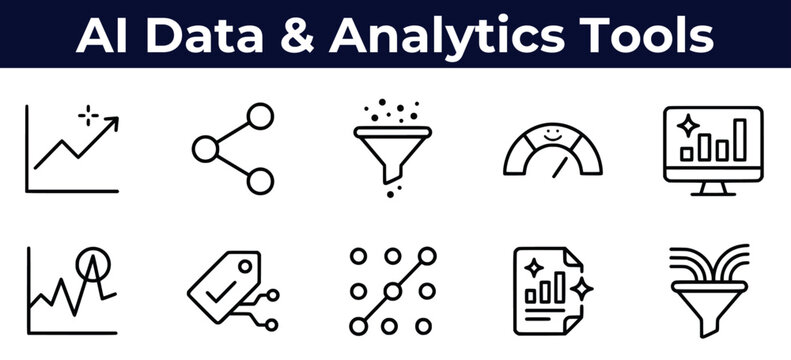 AI data and analytics tools line icon set, editable stroke. Includes predictive analytics, machine learning, data cleaning, dashboard insight, anomaly detection and more. Vector illustration.