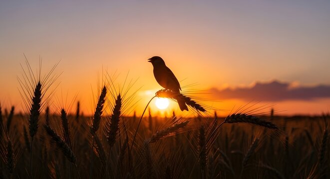 A small bird perched on a wheat stalk in a golden sunset field at the end of a summer day