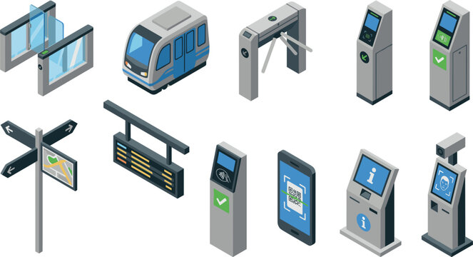 Isometric Smart Subway Transit Element Set with Train Security Turnstiles QR Code Phone Scanner Biometric Facial Recognition Terminals and Directional Signage Vector Icons