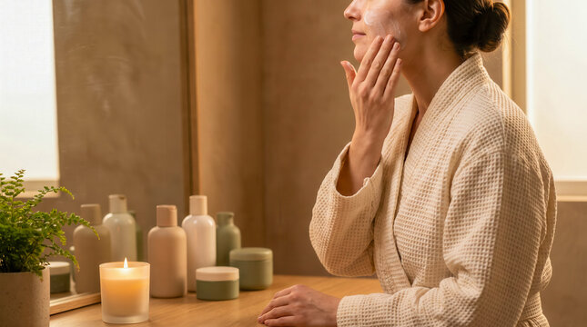 Young woman applying facial cream during her morning beauty routine in a spa bathroom.