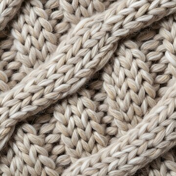 Close up detail of a thick beige knitted wool fabric texture with soft warm cozy winter vibes