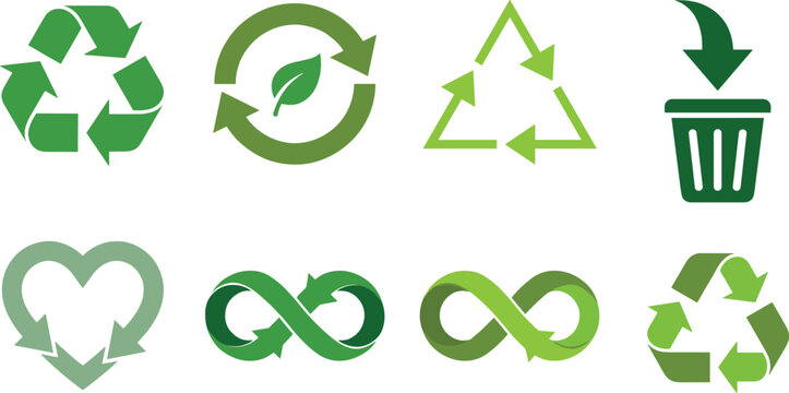 Green recycling symbols and ecology icons set with arrows infinity loops leaf and heart shape vector illustration isolated.
