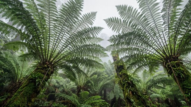 Looking up at massive vibrant green tree ferns in a misty ancient Australian rainforest