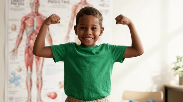 Happy little boy flexing muscles and showing strength in classroom with anatomy chart child