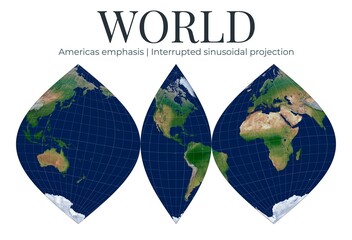 World Map. Interrupted sinusoidal projection. Americas emphasis centered at latitude 10 and longitude -90. High detail physical mapping of the earth. © Eugene Ga