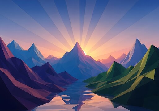 Low poly landscape illustration featuring a majestic mountain range at sunrise with sun rays