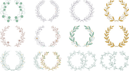 Fototapeta premium Hand drawn floral wreath laurel and branch border vector element collection for elegant wedding invitation card design.