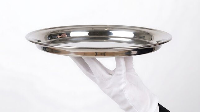 Waiter hand wearing white glove holding empty silver service tray with catering