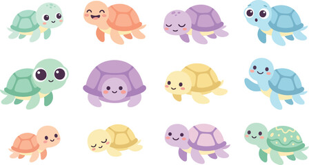 Fototapeta premium Cute cartoon turtle collection, set of adorable little sea turtles with various expressions in flat vector style