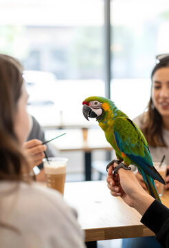 Colorful macaw parrot perched on a persons hand at a cafe table with blurred people and drinks in the background, Unique interaction between humans and an exotic pet in a casual environment