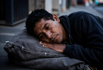Fototapeta premium Homeless man resting on a pillow on the street, poverty and social issues, urban environment, close up