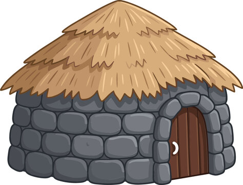 Traditional African Rondavel Stone Hut Vector Illustration Featuring Straw Thatch Roof and Wooden Door for Tribal Village, Heritage Tourism, and Historic Architecture Graphics